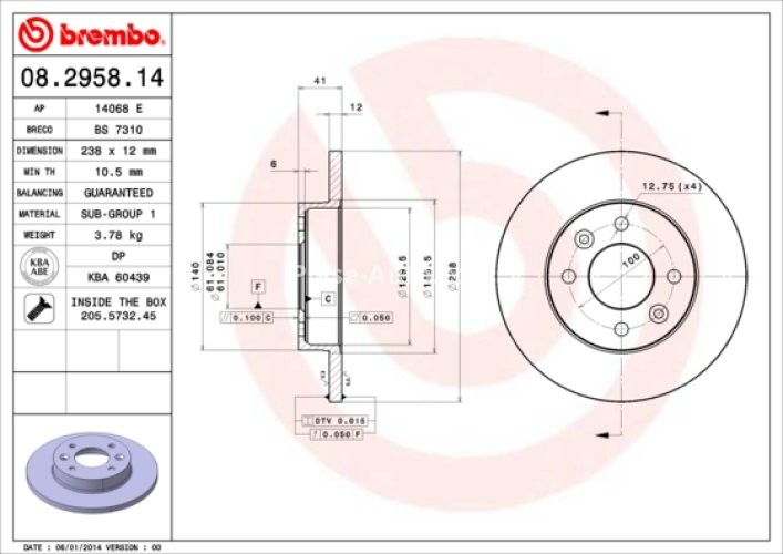 Disc frână BREMBO, față, pentru: DACIA 1310, LOGAN, NOVA, SANDERO; RENAULT 11, 19 I, 19 I CHAMADE, 19 II, 19 II CHAMADE, 19 II/HATCHBACK, 21, 9, CLIO I 1.0-Electric 09.81-