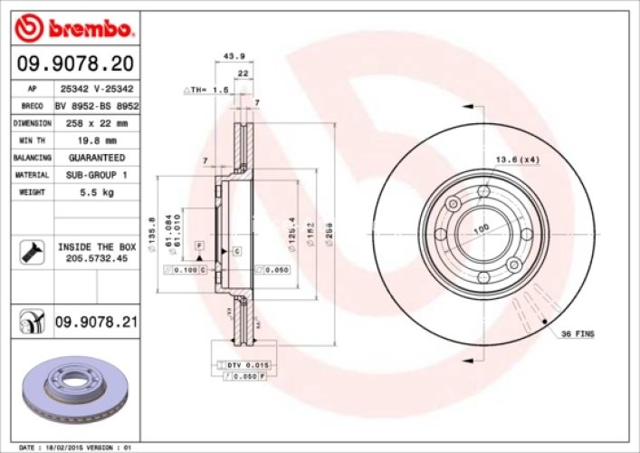 Disc frână BREMBO, față, pentru: DACIA DOKKER, DOKKER EXPRESS/MINIVAN, LODGY, LOGAN II 0.9-Electric 11.02- MERCEDES CITAN MIXTO (DOUBLE CABIN), CITAN (MPV), CITAN/MINIVAN (W415);