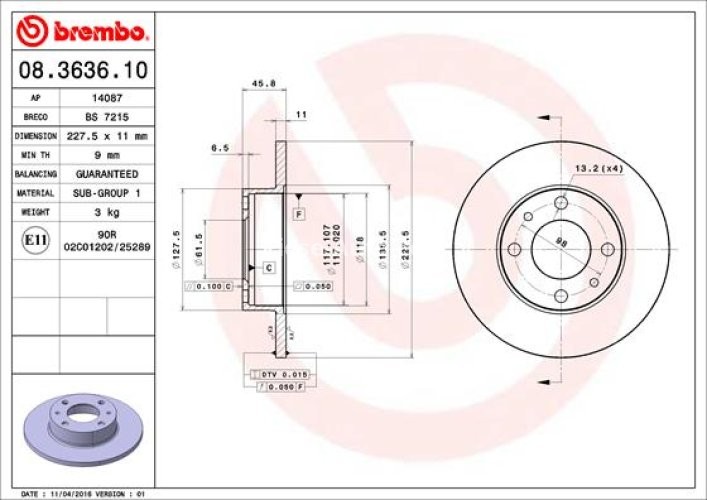 Disc frână BREMBO, față, pentru: FIAT 124, 124 SPIDER, 125, 127, 131, 132, 147, 900 T/E, 900 T/E PULMINO, ARGENTA, CAMPAGNOLA, FIORINO, FIORINO/MINIVAN 0.6-2.5D 01.66-06.06