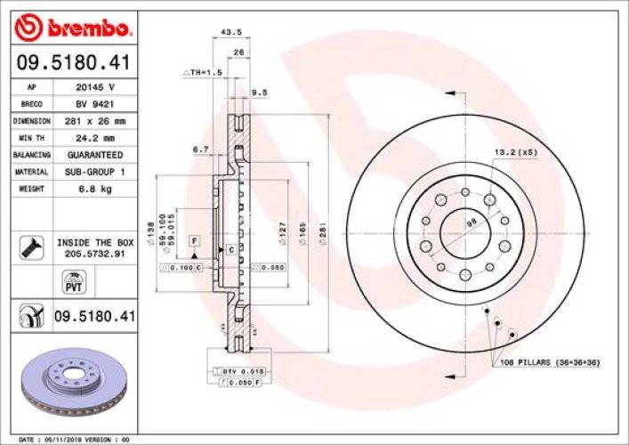 Disc frână BREMBO, față, pentru: FIAT TIPO 1.0-1.6D 10.15-