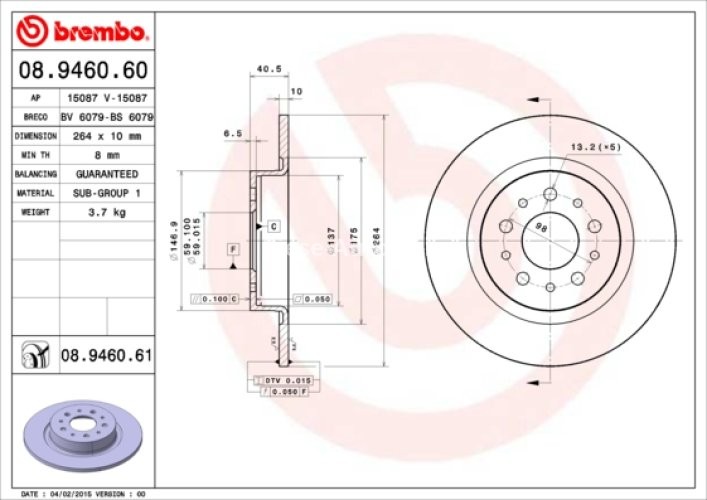 Disc frână BREMBO, spate,  pentru: FIAT 500L, TIPO 1.0-1.6D 09.13-