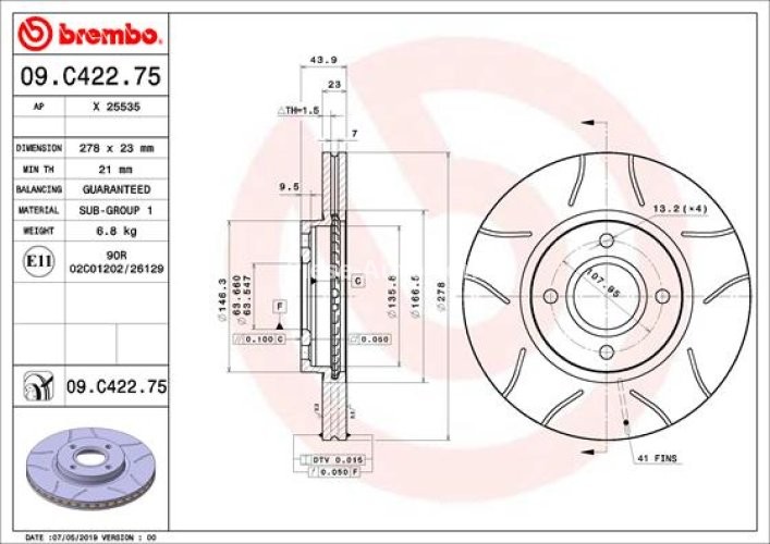 Disc frână BREMBO, față, pentru: FORD B-MAX, FIESTA VI, TOURNEO COURIER B460, TRANSIT COURIER B460, TRANSIT COURIER B460/MINIVAN 1.0-1.6D 06.08-