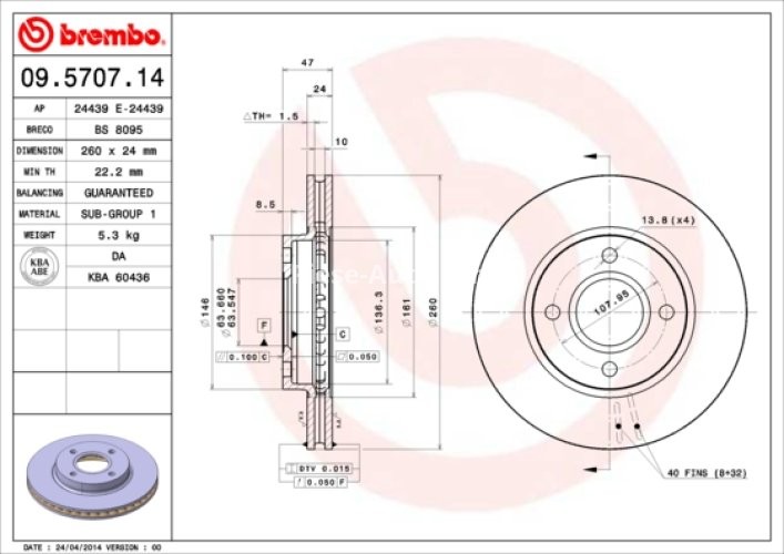 Disc frână BREMBO, față, pentru: FORD COUGAR, MONDEO I, MONDEO II, MONDEO III, SCORPIO I, SCORPIO II 1.6-2.9 02.93-03.07