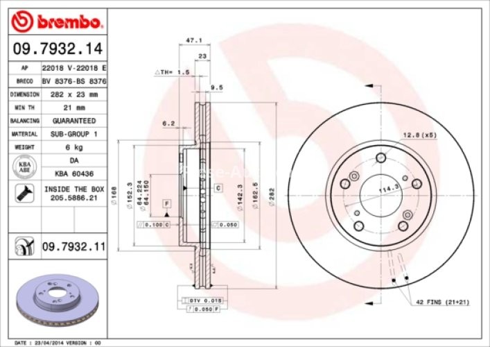 Disc frână BREMBO, față, pentru: HONDA ACCORD IX, ACCORD VII, ELEMENT, HR-V 1.5-3.0 07.02-
