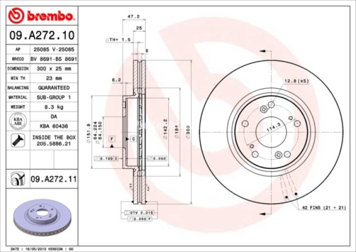 Disc frână BREMBO, față, pentru: HONDA ACCORD VII, CR-V II 2.0/2.2D/2.4 09.02-05.08