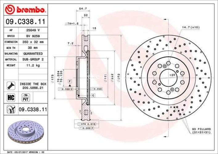 Disc frână BREMBO, față, pentru: HONDA CIVIC IX, CIVIC X 2.0 08.15-12.22