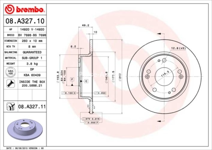 Disc frână BREMBO, spate,  pentru: HONDA ACCORD VII 2.0/2.2D/2.4 09.02-05.08