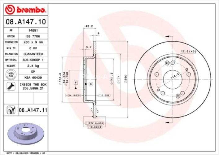 Disc frână BREMBO, spate,  pentru: HONDA CIVIC IX, CIVIC VIII, CR-V III 1.3-2.2D 09.05-