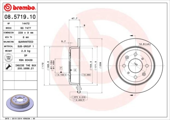 Disc frână BREMBO, spate,  pentru: HONDA CIVIC V, CIVIC VI, CRX III, JAZZ II 1.2-1.6 10.91-10.08