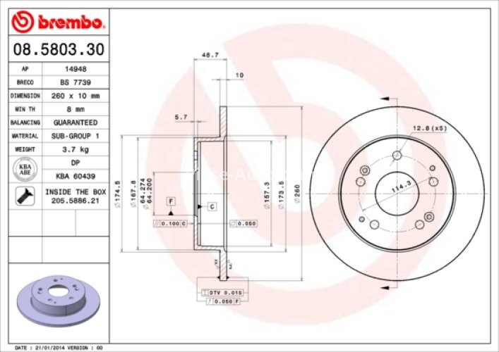 Disc frână BREMBO, spate,  pentru: HONDA CIVIC VII, INTEGRA 1.4/1.6/2.0 11.00-