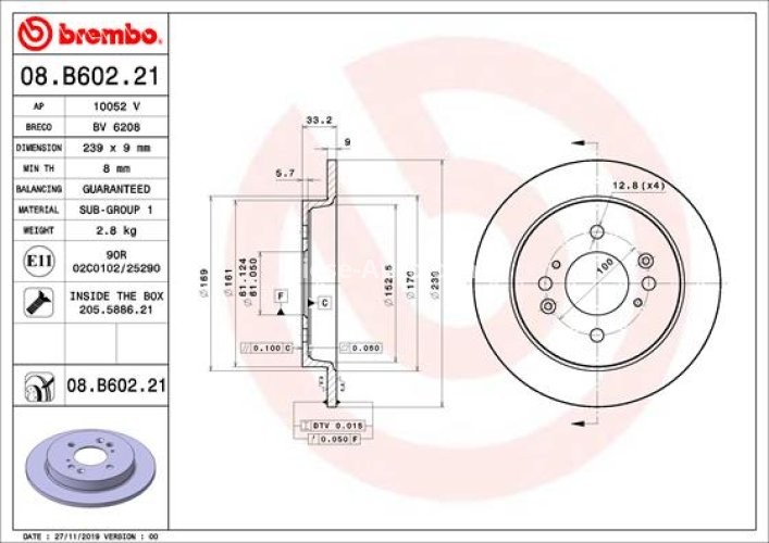 Disc frână BREMBO, spate,  pentru: HONDA JAZZ IV 1.3 09.15-