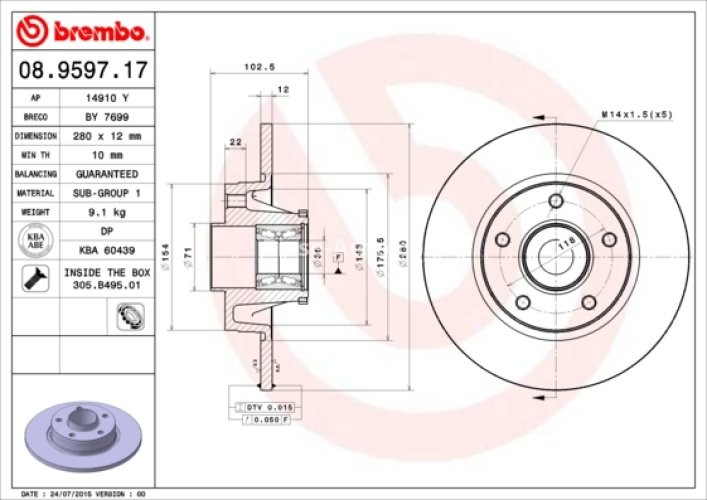 Disc frână BREMBO, cu rulment, spate,  (cu inel ABS) pentru: IVECO DAILY V; NISSAN PRIMASTAR; OPEL VIVARO A; RENAULT TRAFIC II 1.9D-3.0D 02.01-