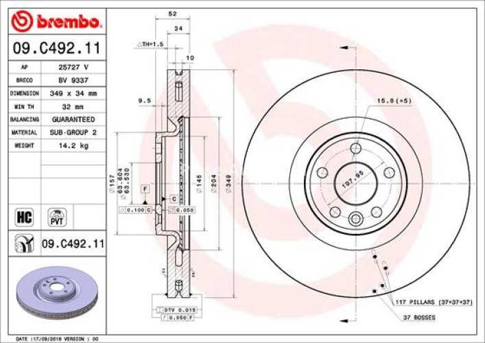Disc frână BREMBO, față, pentru: JAGUAR E-PACE; LAND ROVER DISCOVERY SPORT, RANGE ROVER EVOQUE 2.0-2.2D 06.11-