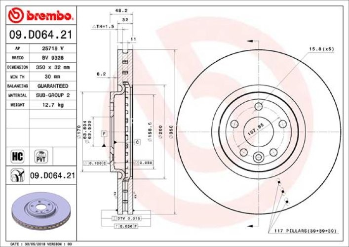 Disc frână BREMBO, față, pentru: JAGUAR F-PACE, I-PACE; LAND ROVER RANGE ROVER VELAR 2.0-Electric 09.15-