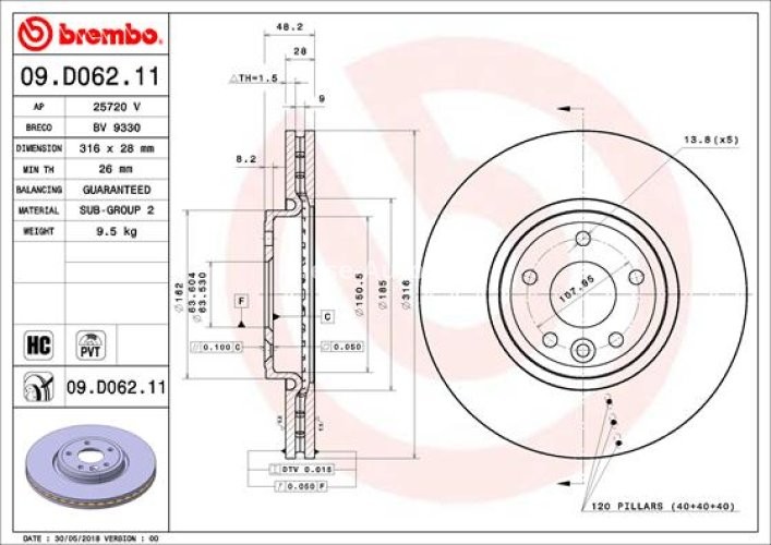 Disc frână BREMBO, față, pentru: JAGUAR XE 2.0/2.0D 03.15-
