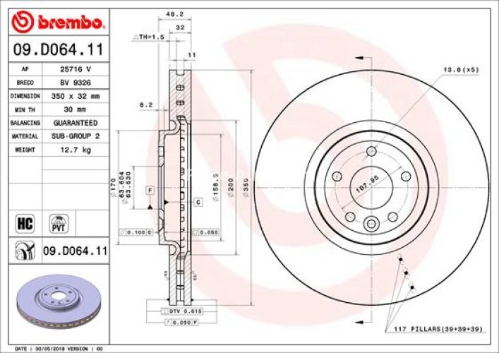 Disc frână BREMBO, față, pentru: JAGUAR XE, XF II, XF SPORTBRAKE 2.0-3.0D 03.15-