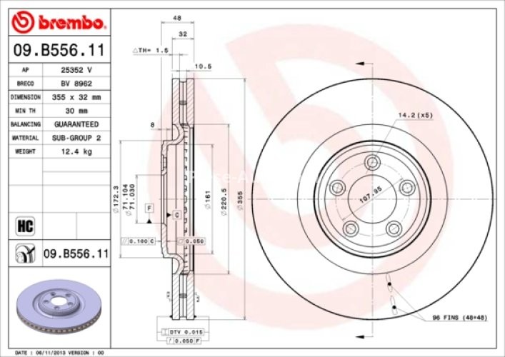 Disc frână BREMBO, față, pentru: VOLVO S60 II, S80 II, V60 I; JAGUAR F-TYPE, S-TYPE II, XF I, XF SPORTBRAKE, XJ, XK II 2.0-5.0 04.02-