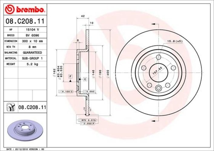 Disc frână BREMBO, spate,  pentru: JAGUAR E-PACE; LAND ROVER DISCOVERY SPORT 2.0-2.2D 09.14-