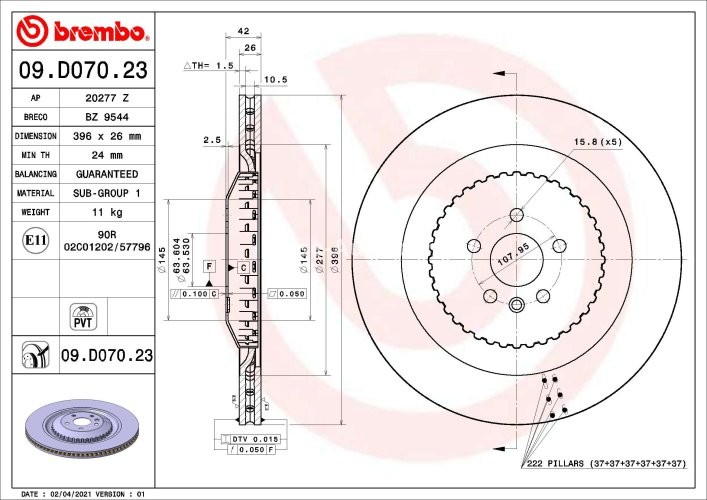 Disc frână BREMBO, spate,  pentru: JAGUAR F-PACE 2.0-5.0H 09.15-