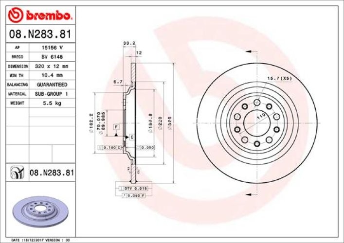 Disc frână BREMBO, spate,  pentru: JEEP CHEROKEE 2.0-3.2 11.13-