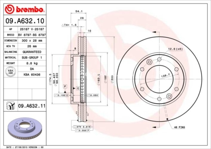 Disc frână BREMBO, față, pentru: KIA CARNIVAL III 2.2D/2.7/2.9D 04.06-
