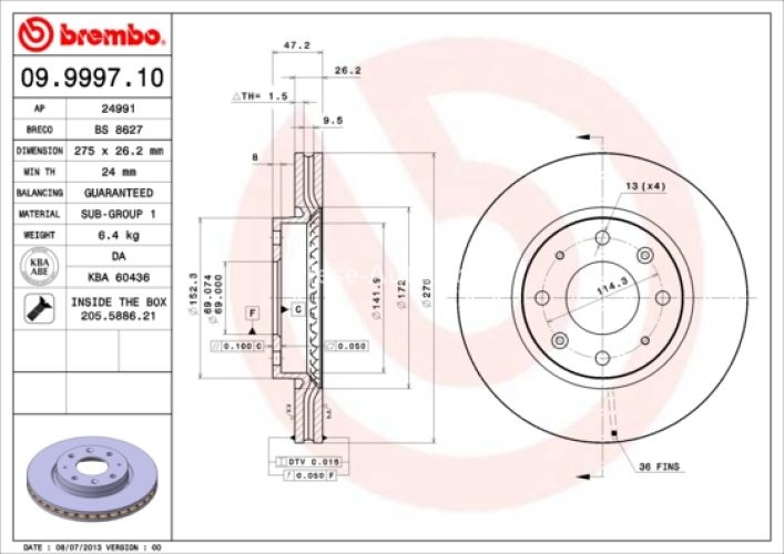 Disc frână BREMBO, față, pentru: KIA CERATO I 1.5D-2.0D 03.04-12.09