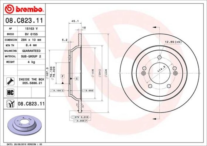 Disc frână BREMBO, spate,  pentru: KIA CARENS IV 1.6/1.7D/2.0 03.13-