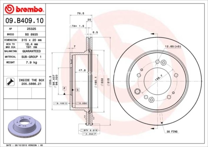 Disc frână BREMBO, spate,  pentru: KIA SORENTO I 2.5D/3.3 08.02-12.11