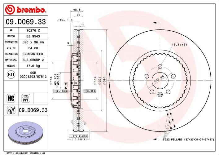 Disc frână BREMBO, față, pentru: LAND ROVER RANGE ROVER VELAR 5.0 01.19-
