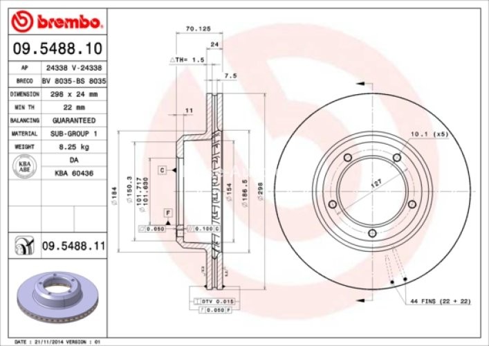 Disc frână BREMBO, față, pentru: LAND ROVER DEFENDER, DISCOVERY I, RANGE ROVER I 2.0-4.3 10.85-02.16