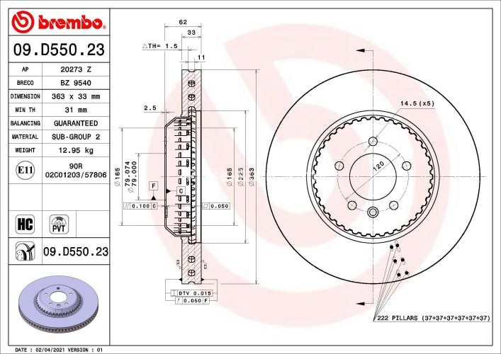 Disc frână BREMBO, față, pentru: LAND ROVER DEFENDER, DISCOVERY V 2.0-5.0 09.19-