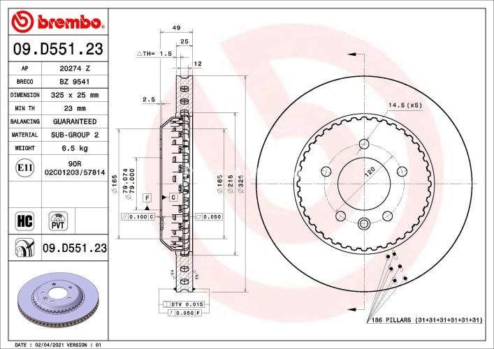 Disc frână BREMBO, spate,  pentru: LAND ROVER DEFENDER 2.0-5.0 09.19-
