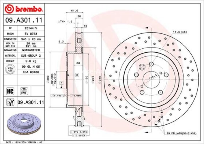 Disc frână BREMBO, spate,  pentru: LEXUS IS II 5.0 11.07-03.13