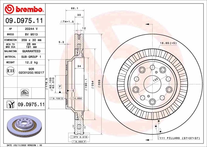 Disc frână BREMBO, spate,  pentru: LEXUS LC, LS 3.5/3.5H/5.0 11.16-