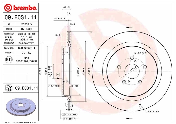 Disc frână BREMBO, spate,  pentru: LEXUS RX 2.0/3.5/3.5H 10.15-