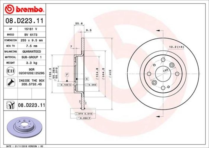 Disc frână BREMBO, spate,  pentru: MAZDA 2, MX-5 IV, MX-5 RF TARGA 1.5/1.5D/2.0 08.14-
