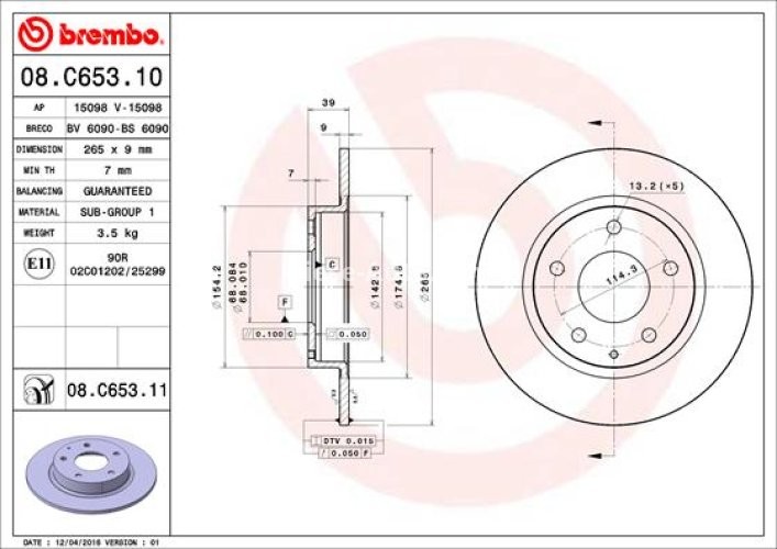 Disc frână BREMBO, spate,  pentru: MAZDA 3, 3/HATCHBACK, CX-3, CX-30 1.5-2.2D 10.03-