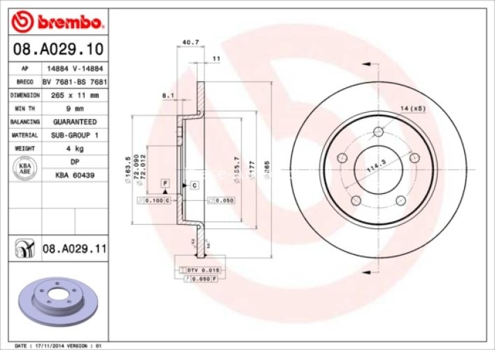 Disc frână BREMBO, spate,  pentru: MAZDA 3, 5 1.3-2.3 10.03-09.14