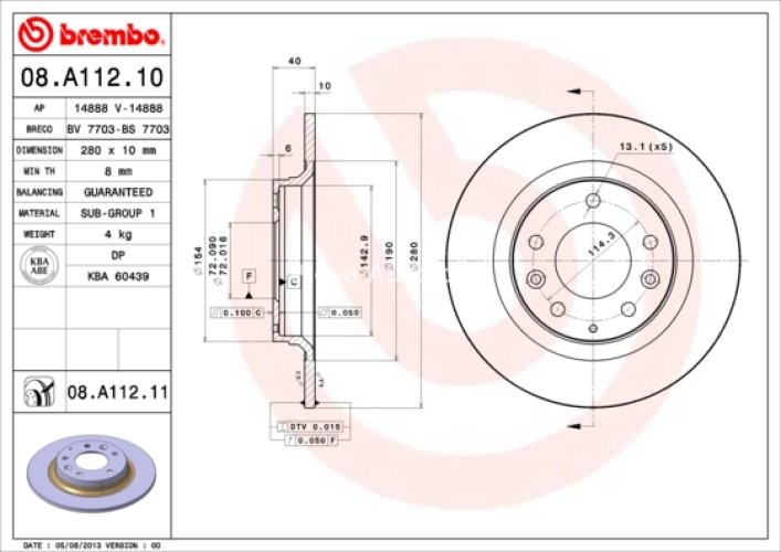 Disc frână BREMBO, spate,  pentru: MAZDA 323 C IV, 323 F VI, 323 S VI, 6, 626 V, MX-5 III, PREMACY 1.4-2.5 01.93-12.14