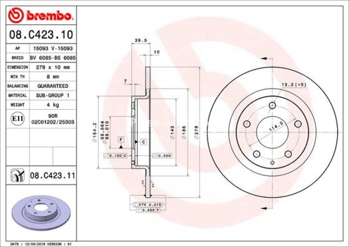 Disc frână BREMBO, spate,  pentru: MAZDA 6, 6/KOMBI 2.0/2.2D/2.5 08.12-