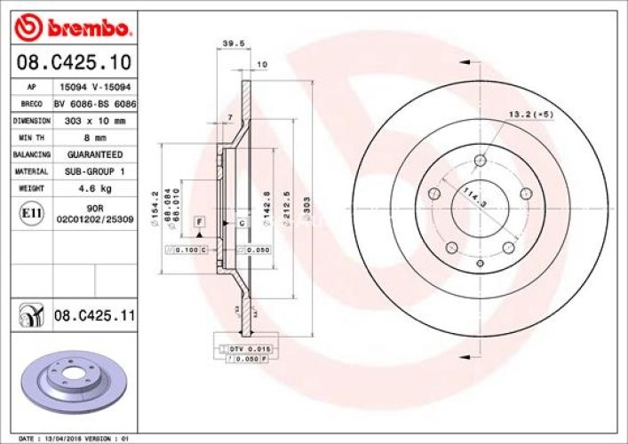Disc frână BREMBO, spate,  pentru: MAZDA CX-30, CX-5, MX-30 1.8D-Electric 11.11-