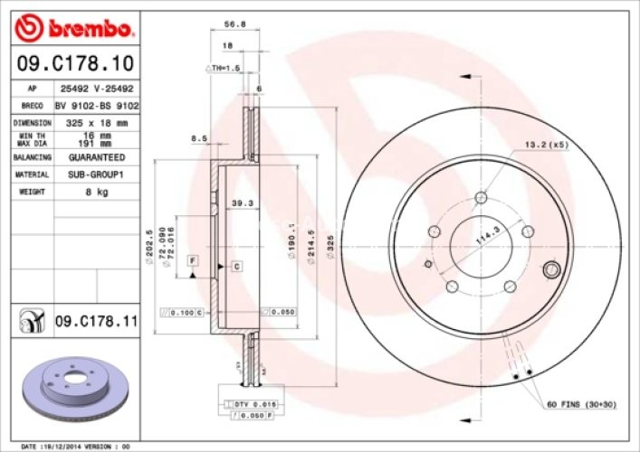 Disc frână BREMBO, spate,  pentru: MAZDA CX-7, CX-9 2.2D-3.7 06.06-