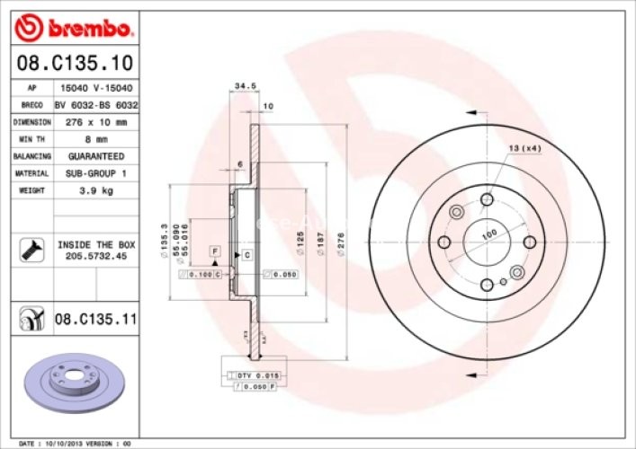 Disc frână BREMBO, spate,  pentru: MAZDA MX-5 II 1.6/1.8 05.98-10.05
