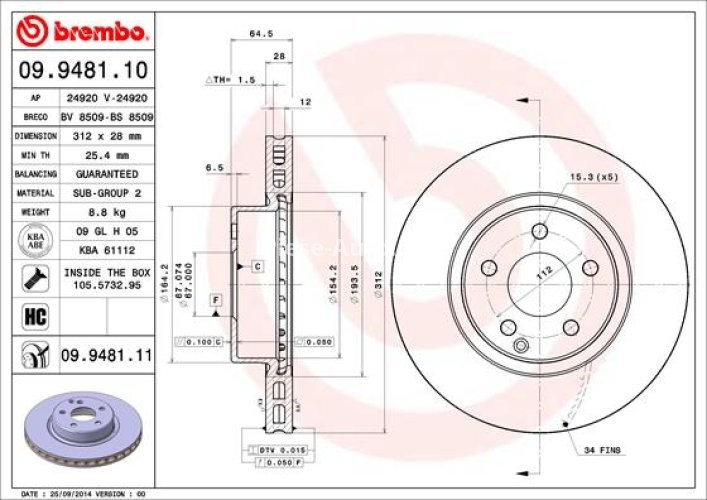Disc frână BREMBO, față,  (puternic carbonatat; cu suruburi) pentru: MERCEDES CLS (C219), E T-MODEL (S211), E (VF211), E (W211) 2.5-3.5 03.02-12.10