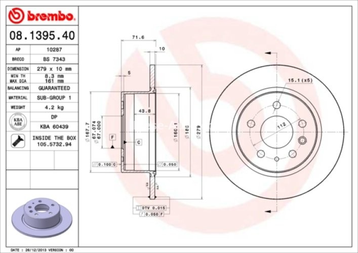 Disc frână BREMBO, spate,  pentru: MERCEDES 123 (C123), 123 T-MODEL (S123), 123 (W123), /8 (W114), /8 (W115), CABRIOLET (W111, W112), S (C126), S (W108, W109) 2.0-6.8 01.66-06.91