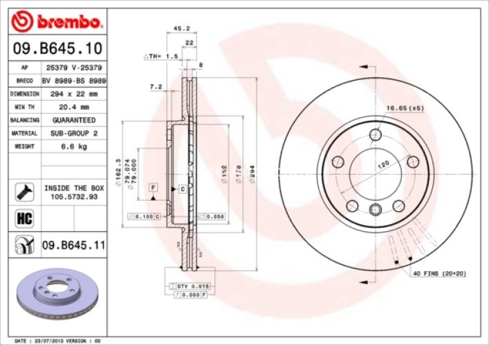 Disc frână BREMBO, față,  (puternic carbonatat; cu suruburi) pentru: MINI COUNTRYMAN (R60), PACEMAN (R61) 1.6/1.6D/2.0D 08.10-10.16