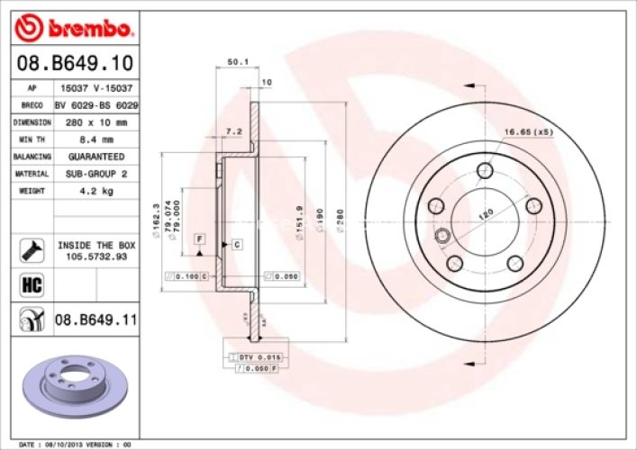 Disc frână BREMBO, spate,  (puternic carbonatat; cu suruburi) pentru: MINI COUNTRYMAN (R60), PACEMAN (R61) 1.6/1.6D/2.0D 08.10-10.16