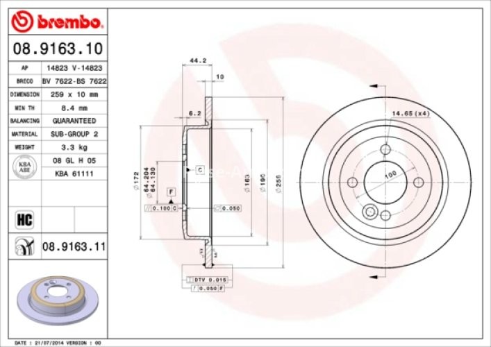 Disc frână BREMBO, spate,  pentru: MINI (R50, R53), (R52), (R56) 1.4D/1.6/1.6D 06.01-02.12