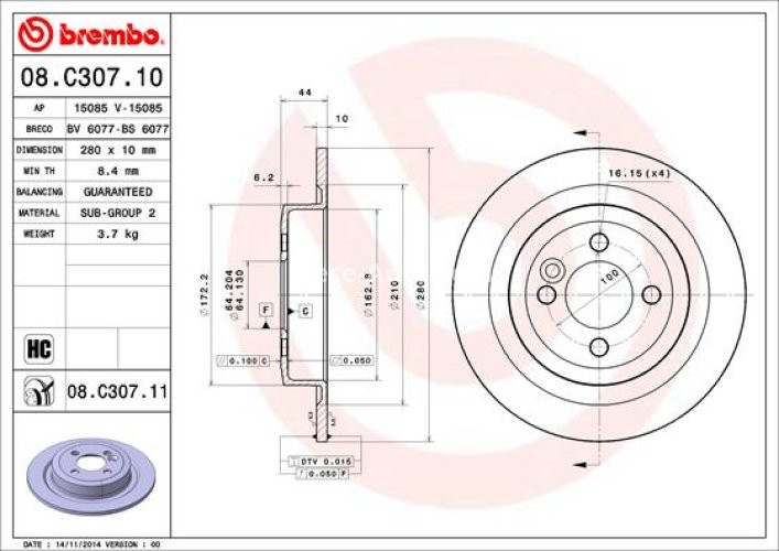 Disc frână BREMBO, spate,  pentru: MINI (R56), (R57), (R58), (R59), CLUBMAN (R55), CLUBVAN (R55) 1.4-2.0D 09.06-06.15
