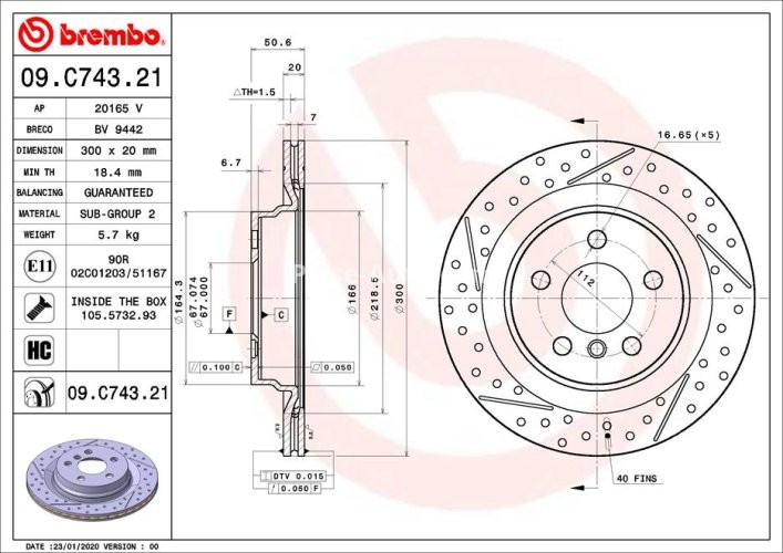 Disc frână BREMBO, spate,  pentru: MINI CLUBMAN (F54), COUNTRYMAN (F60) 1.5-2.0D 11.14-